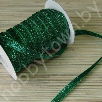 Лента бархатная с люрексом 1см (цв.изумрудный) 1 метр