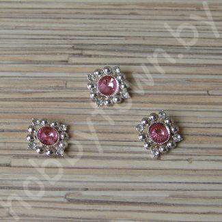 Кабошон флоризель металл+стразы в серебре 15 мм (цв.розовый) 1шт.