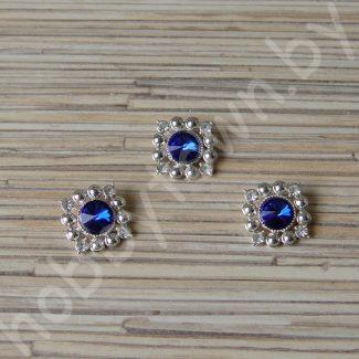 Кабошон флоризель металл+стразы в серебре 15 мм (цв.синий) 1шт.