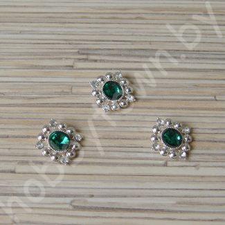 Кабошон флоризель металл+стразы в серебре 15 мм (цв.зелёный) 1шт.