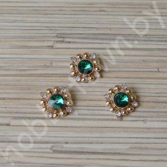 Кабошон флоризель металл+стразы в золоте 15 мм (цв.зелёный) 1шт.