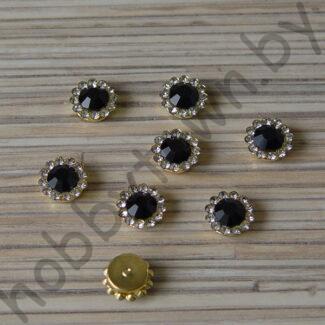 Кабошон флоризель пришивной металл+стразы Цветочек 12 мм (цв. золото-чёрный) 1шт.