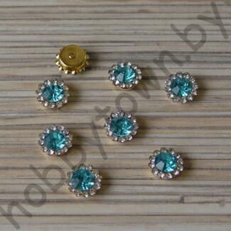 Кабошон флоризель пришивной металл+стразы Цветочек 12 мм (цв. золото-голубой) 1шт.