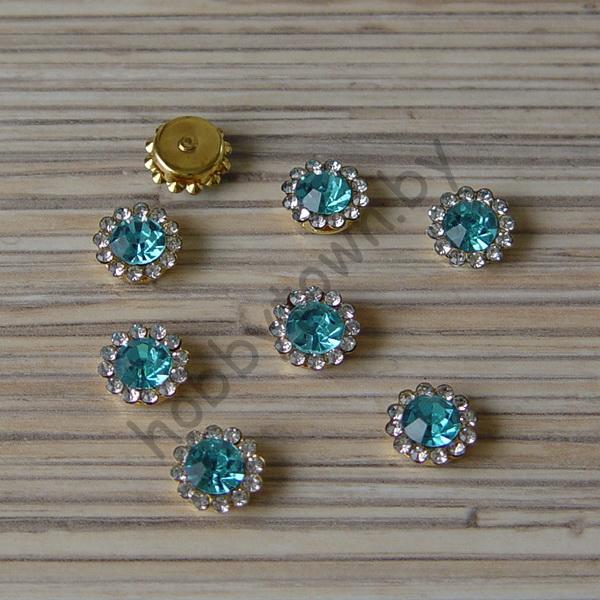 Кабошон флоризель пришивной металл+стразы Цветочек 12 мм (цв. золото-голубой) 1шт.