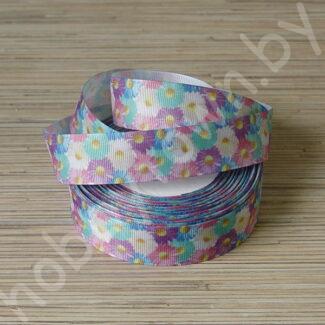 Лента репсовая 25 мм с рисунком Ромашки (цв. микс) 1м