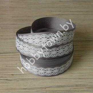 Лента репсовая 25мм "Кружево" (цв. т-серый-белый) 1м