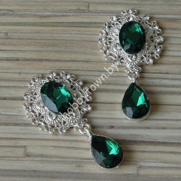 Серединка ювелирная с подвеской 25x45 мм (цв.серебро/изумрудный 14) 1 шт.