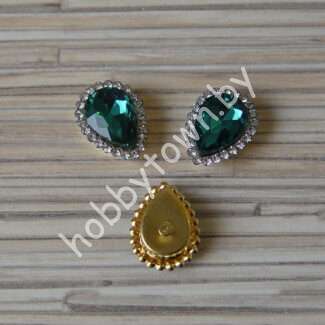 Стразы пришивные в золотой оправе Капля 14x18 мм (цв. изумрудный 5) 1 шт.