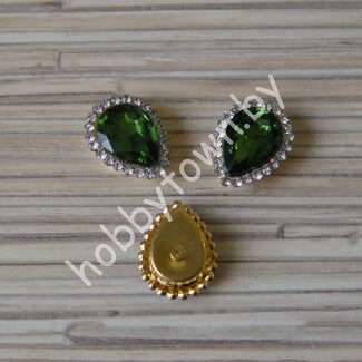 Стразы пришивные в золотой оправе Капля 14x18 мм (цв. зелёный 6) 1 шт.