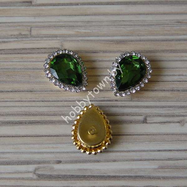 Стразы пришивные в золотой оправе Капля 14x18 мм (цв. зелёный 6) 1 шт.