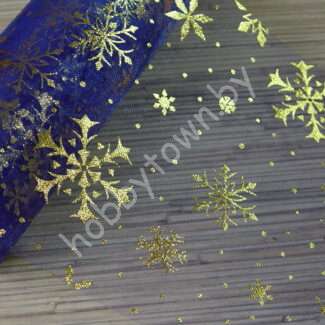 Фатин средней жёсткости Снежинки , ширина 15 см (цв.синий/золото) 1 метр