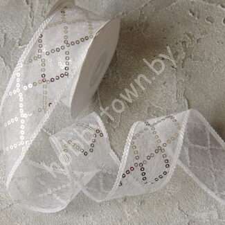 Лента декоративная с пайетками 40 мм, (цв. белый/серебро) 1м