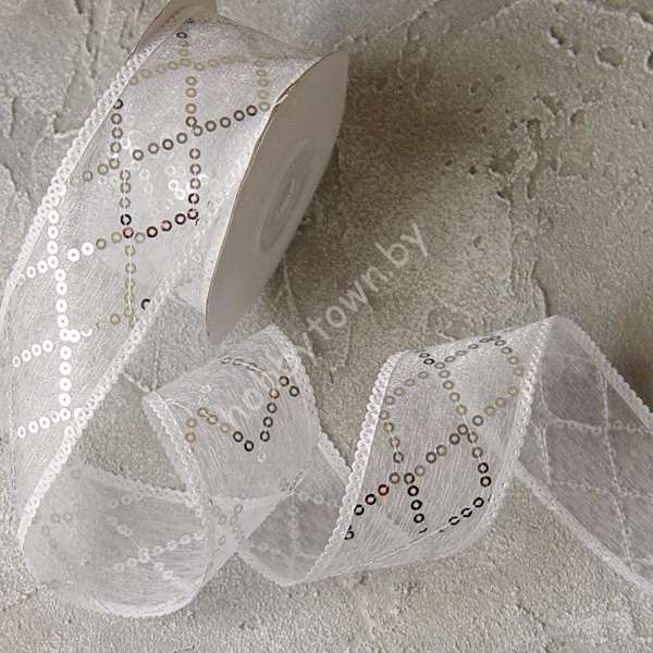 Лента декоративная с пайетками 40 мм, (цв. белый/серебро) 1м