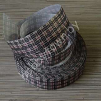 Лента репсовая 25 мм с рисунком Клетка (цв. на бежевом чёрный/красный) 1 м