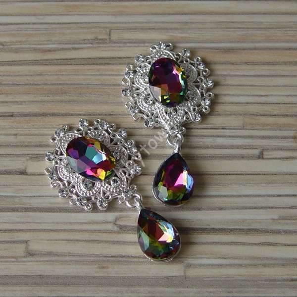 Серединка ювелирная с подвеской 25x45 мм (цв.серебро/зелёный хамелеон 30) 1 шт.