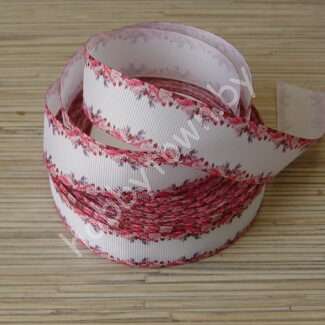 Лента репсовая 25 мм с рисунком Цветочные края (цв. белый с розовым) 1 м