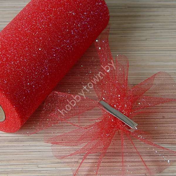 Фатин средней жёсткости с блёстками, ширина 15 см, (цв. красный 37) 1 метр