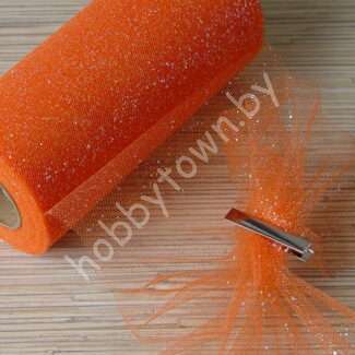 Фатин средней жёсткости с блёстками, ширина 15 см, (цв.ярко-оранжевый 25) 1 метр