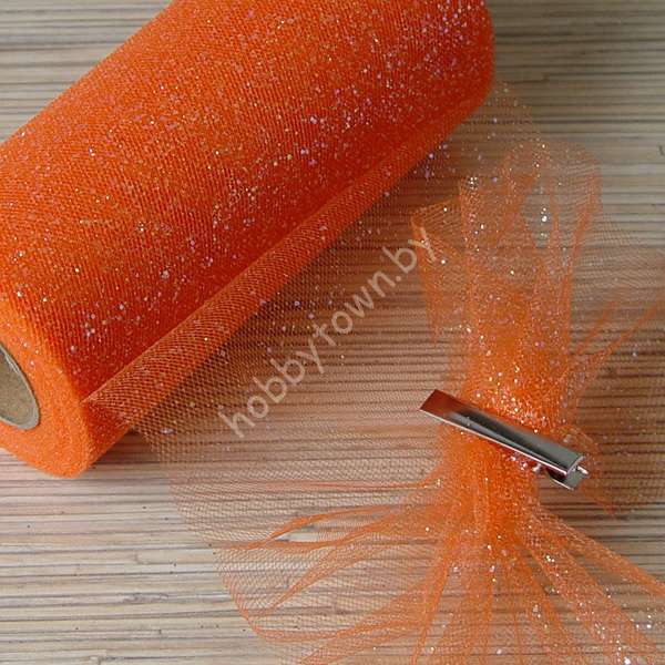 Фатин средней жёсткости с блёстками, ширина 15 см, (цв.ярко-оранжевый 25) 1 метр