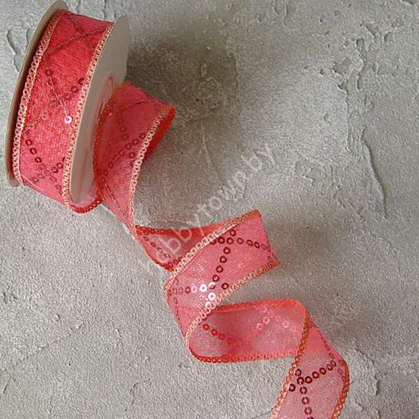 Лента декоративная с пайетками 25 мм, (цв. коралловый 06) 1м