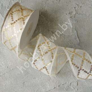 Лента декоративная с пайетками 40 мм, (цв. белый/золото 16) 1м
