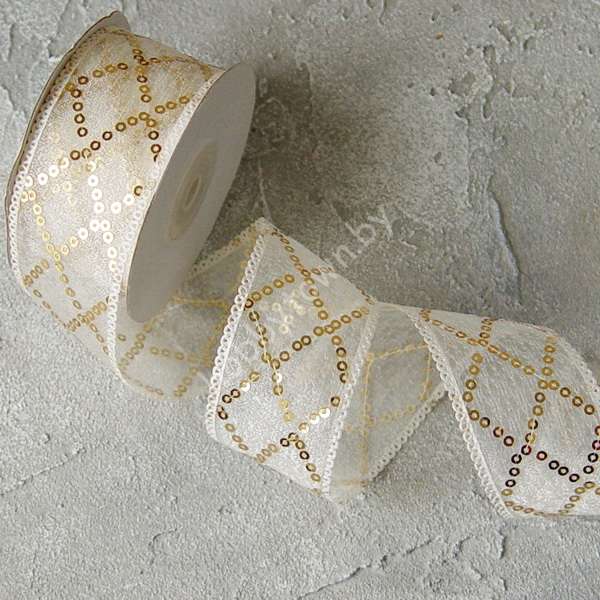Лента декоративная с пайетками 40 мм, (цв. белый/золото 16) 1м