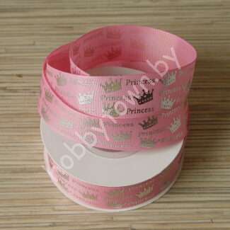 Лента репсовая 25 мм с рисунком "Princess" (цв. розовый/серебро №255) 1 м