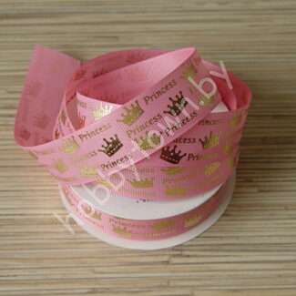 Лента репсовая 25 мм с рисунком "Princess" (цв. розовый/золото №255) 1 м