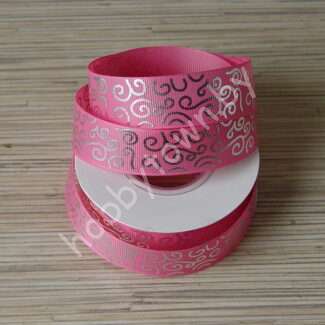 Лента репсовая 25 мм Завитки (цв. розовый/серебро 05) 1м