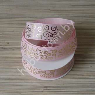 Лента репсовая 25 мм Завитки (цв. розовый/золото 04) 1м