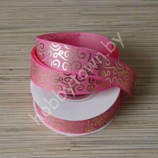 Лента репсовая 25 мм Завитки (цв. розовый/золото 05) 1м