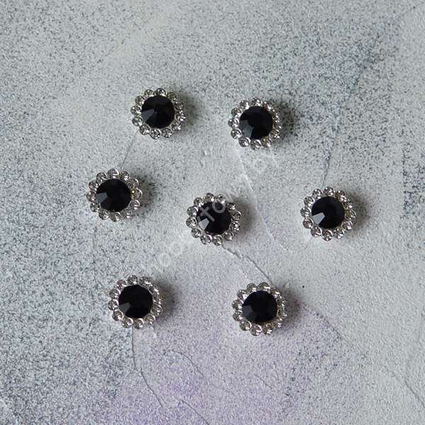 Кабошон флоризель пришивной металл+стразы Цветочек 12 мм (цв. серебро-чёрный) 1шт.