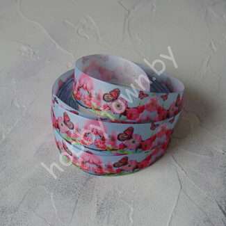 Лента репсовая с рисунком Бабочки на сакуре, 25 мм (цв. голубой) 1 м