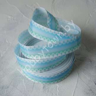 Лента репсовая с рисунком Кружево по краям, 25 мм (цв. голубой) 1 м