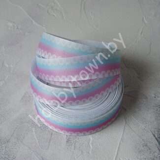 Лента репсовая с рисунком Кружево по краям, 25 мм (цв. розово-голубой) 1 м
