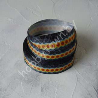 Лента репсовая с рисунком Подсолнухи на кружеве, 25 мм (цв. чёрный) 1 м