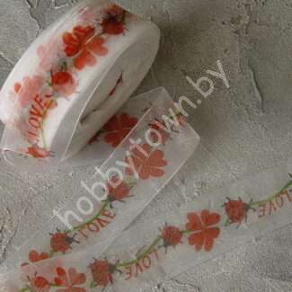 Лента органза 40 мм с рисунком "Божья коровка" (цв. белый) 1 метр