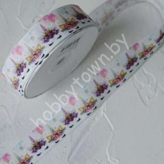 Лента репсовая 25 мм с рисунком Единорог в веночке 1 м