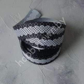 Лента репсовая 40 мм с рисунком Кружево/средний горошек (цв. белый) 1м