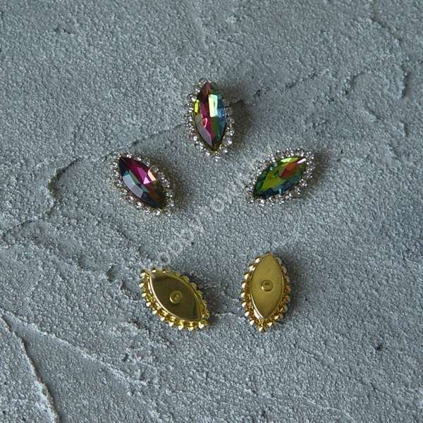 Стразы пришивные в золотой оправе 10x20 мм "Овал заостренный" (цв.хамелеон 24) 1 шт.