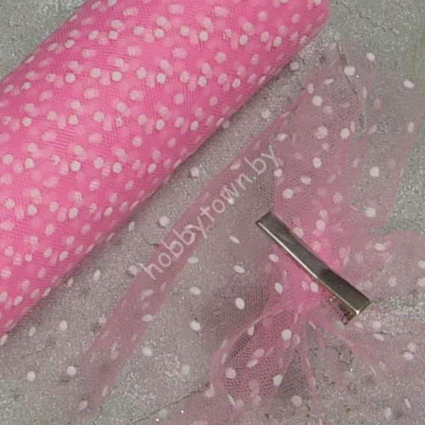 Фатин средней жёсткости в горошек , ширина 15 см (цв.розовый 42) 1 метр