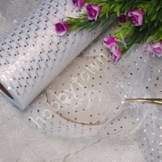 Фатин средней жёсткости в горошек , ширина 15 см (цв.белый/серебро) 1 метр