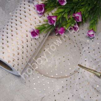 Фатин средней жёсткости в горошек , ширина 15 см (цв.белый/золото) 1 метр