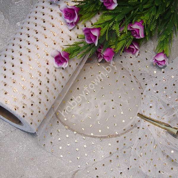 Фатин средней жёсткости в горошек , ширина 15 см (цв.белый/золото) 1 метр