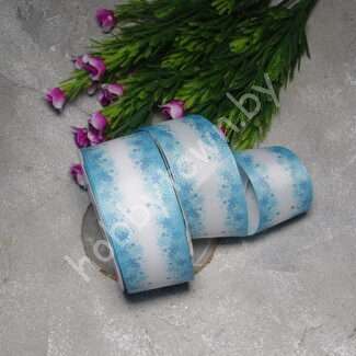 Лента репсовая с рисунком Снежинки 40 мм (цв. белый/голубой) 1 м