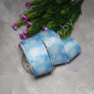 Лента репсовая с рисунком Снежинки 40 мм (цв. голубой) 1 м